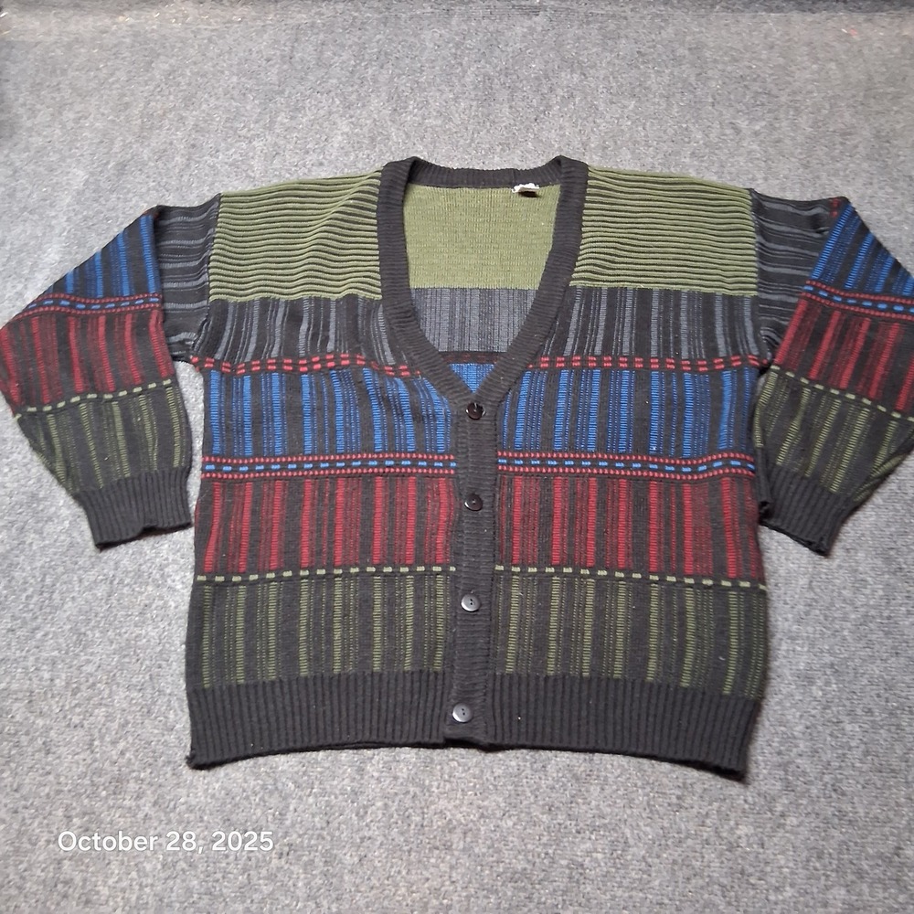Vintage Multi Color V Neck Cardigan Sweater Mens‎ Oversized Medium Striped